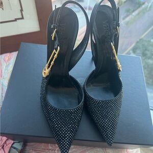 Versace Black Crystal-Embellished Slingback Heels Medusa Gold Hardware size 9 US